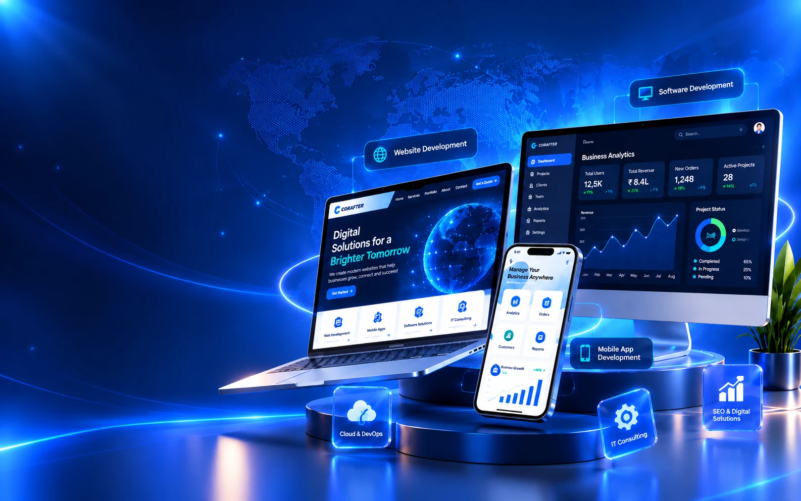 Laptop website preview, mobile app preview on a smartphone, and business software dashboard on a desktop monitor